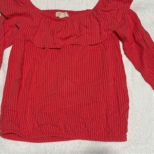 Michael Kors Womens Top Red striped Ruffles Gathered Long Sleeves Size XS